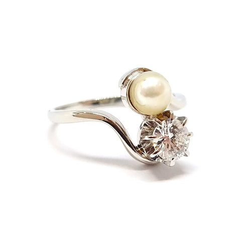 Bague 57 Bague Toi & Moi en or blanc 18 carats et platine, diamant et perle 58 Facettes BVP-BAG-0109