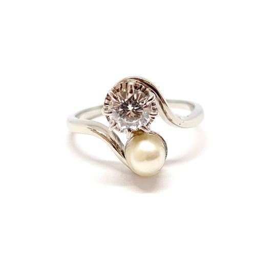 Bague 57 Bague Toi & Moi en or blanc 18 carats et platine, diamant et perle 58 Facettes BVP-BAG-0109
