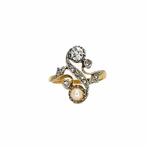 Bague 55 Bague toi & moi vintage en or jaune 18 carats, platine, perle et diamants 58 Facettes BVP-BAG-0002