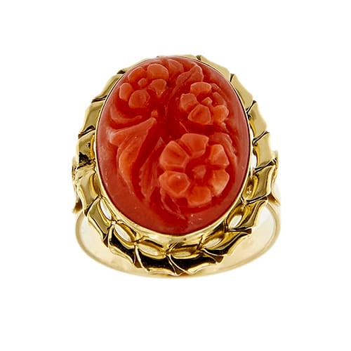 Bague Bague camée ovale floral en or jaune 18 ct avec corail 58 Facettes 39794