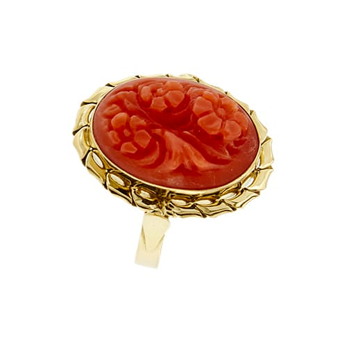 Bague Bague camée ovale floral en or jaune 18 ct avec corail 58 Facettes 39794