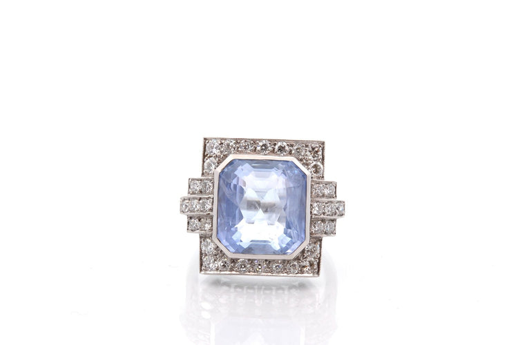 Bague 54 Bague Art déco en platine, saphir de Ceylan 13,91 ct et diamants 58 Facettes 27854-27749
