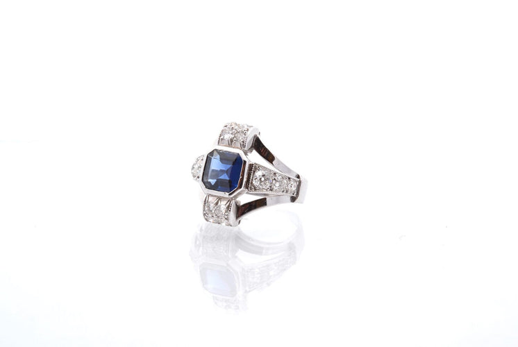 Bague 52 Bague Art déco saphir de Ceylan et diamants en platine 58 Facettes 25373