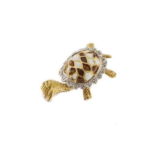 Broche Broche tortue émaillée en or jaune et or blanc 18 ct 58 Facettes 28598