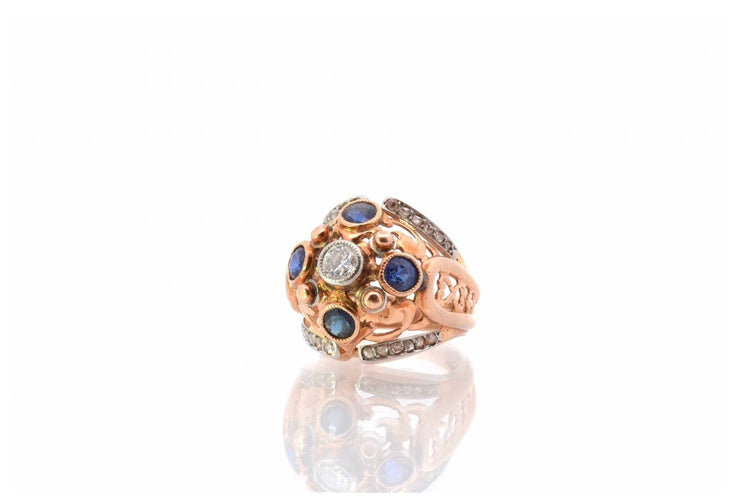 Bague 49 Bague dôme 1950 en or jaune 18k, diamants et saphirs synthétiques 58 Facettes 25514 dv