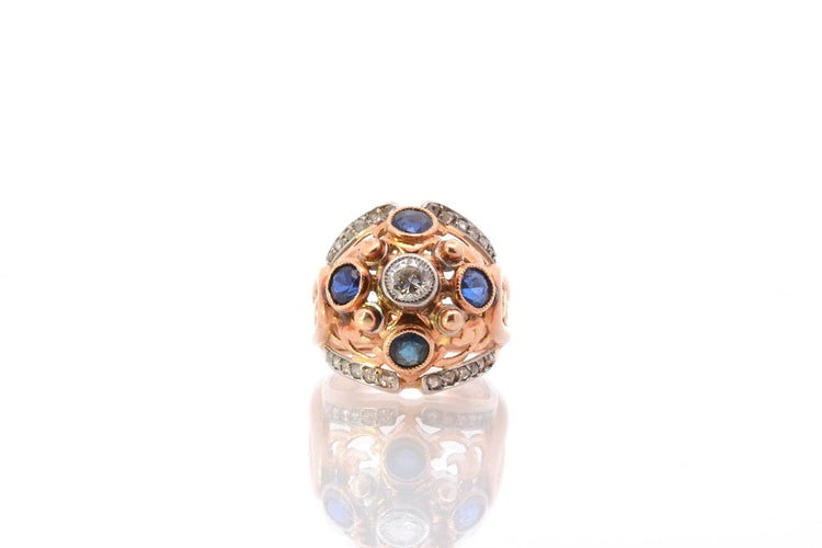 Bague 49 Bague dôme 1950 en or jaune 18k, diamants et saphirs synthétiques 58 Facettes 25514 dv