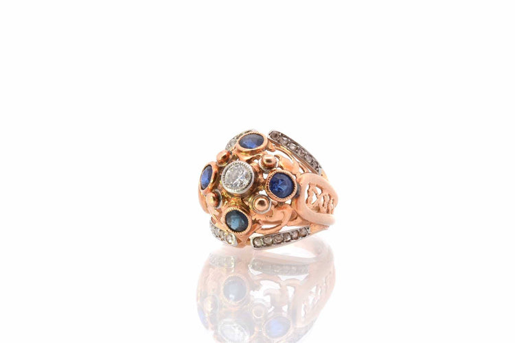 Bague 49 Bague dôme 1950 en or jaune 18k, diamants et saphirs synthétiques 58 Facettes 25514 dv