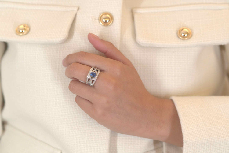 Bague 52 Bague bandeau saphir de Ceylan et diamants en platine 58 Facettes 25659