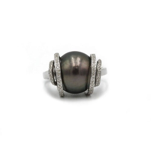 Ring size 54 White gold ring, Tahitian pearl and diamonds 58 Facettes 240198R