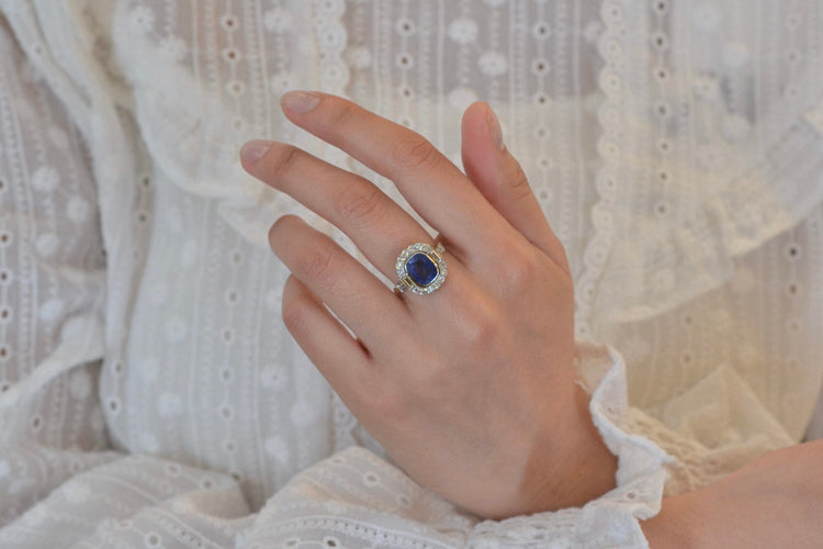 Bague 54 Bague de fiançailles - Saphir de Ceylan 3,15 ct en or jaune 18k et platine 58 Facettes 26064-26445