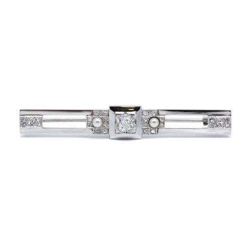Brosje Brosje Art Deco i hvitt gull, Platina, diamanter og perler 58 Facettes 220018R