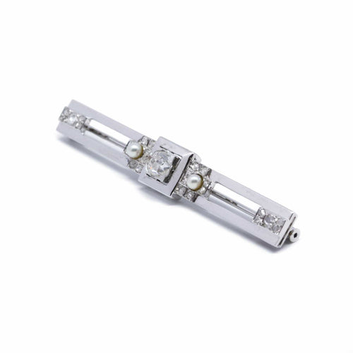 Brosje Brosje Art Deco i hvitt gull, Platina, diamanter og perler 58 Facettes 220018R