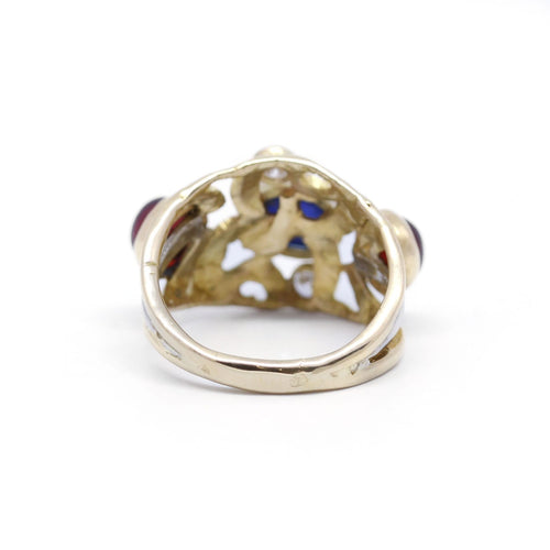 Ring 51 Yellow gold ring with sapphire, garnets and diamonds 58 Facettes 200015R