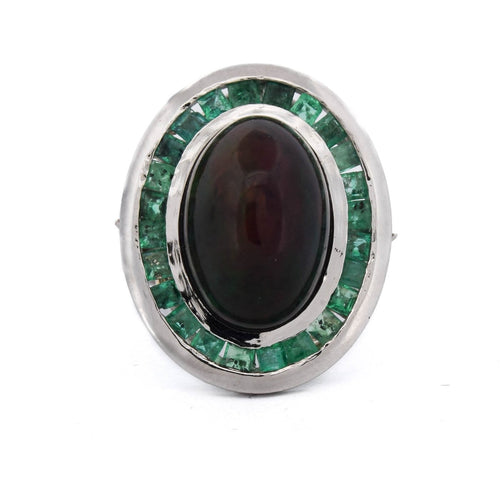 Ring 54 Oval ring i Platina med opal-kabosjong og smaragder 58 Facettes AN519 (00029)