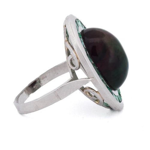 Ring 54 Oval ring i Platina med opal-kabosjong og smaragder 58 Facettes AN519 (00029)