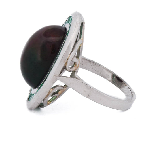 Ring 54 Oval ring i Platina med opal-kabosjong og smaragder 58 Facettes AN519 (00029)