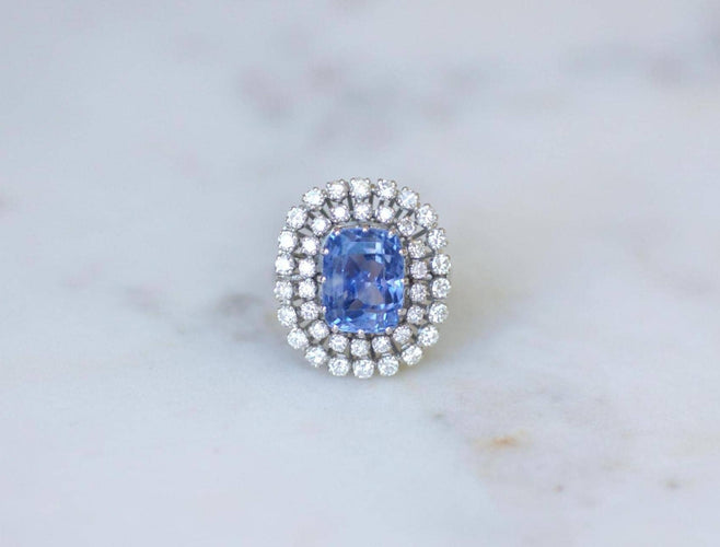 Inel 57 Inel cu safir de Ceylon din aur alb și diamante 58 Facettes