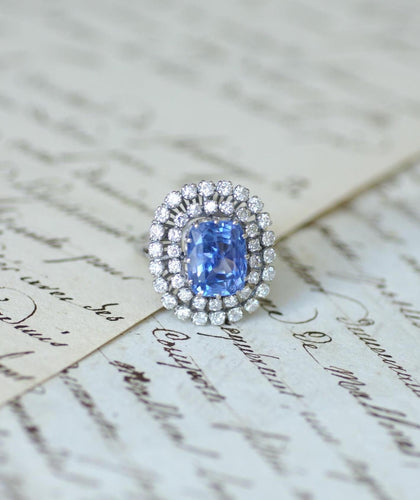 Inel 57 Inel cu safir de Ceylon din aur alb și diamante 58 Facettes