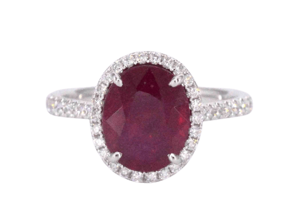 Bague 53 Bague halo en or blanc, diamants et rubis 58 Facettes 1027