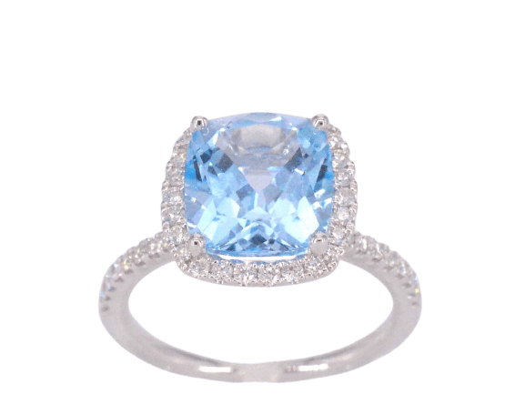 Bague 53 Bague halo en or blanc avec topaze taille coussin 58 Facettes 1030