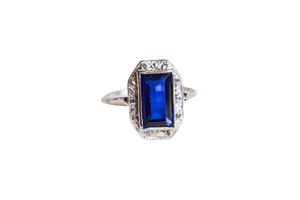 Bague 53 Art Déco - Bague en or blanc, saphir Verneuil et diamants 58 Facettes 3977
