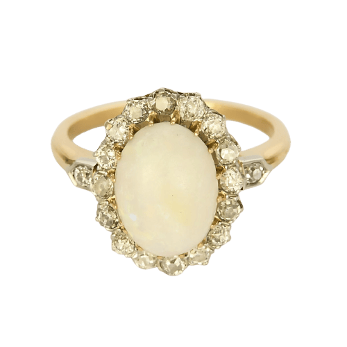 Bague 57 Bague marguerite en or jaune et or gris, opale et diamants taille ancienne 58 Facettes 58FC68