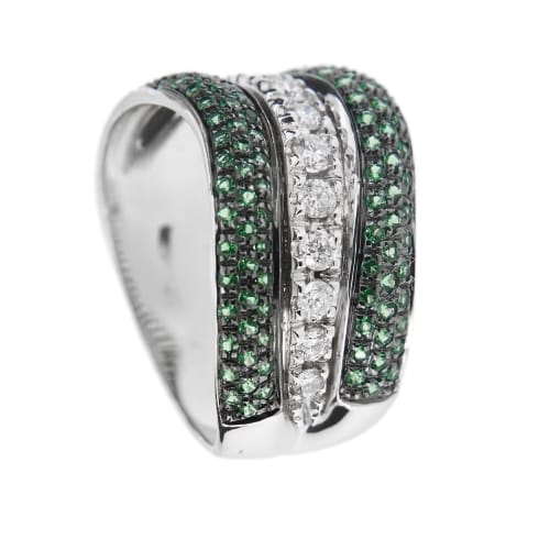 Bague 57 Bague bande ondulée en or blanc 18 ct, diamants et émeraudes 58 Facettes 38594