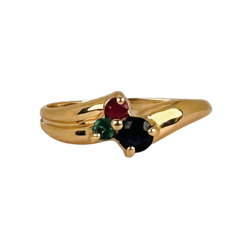 Bague 52 Bague en or jaune 18k avec rubis, émeraude et saphir bleu 58 Facettes 2609006