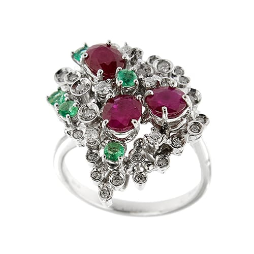 Bague 59 Bague - Rubis, émeraudes et diamants en or blanc 14 ct 58 Facettes 37784