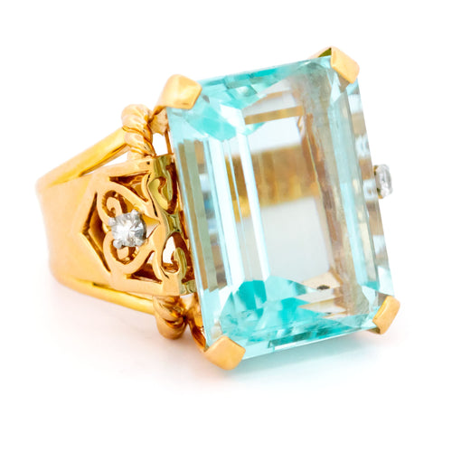 Bague 60 Bague Tank rétro en or jaune 14k avec aigue-marine et diamants 58 Facettes 1BAE8F9B3A4B4A0789F731849BB8890C