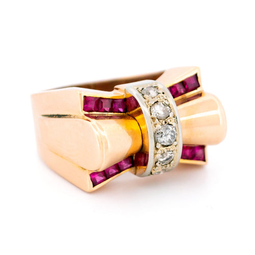 Bague 58 Bague tank rétro en or 14k avec diamants et rubis de synthèse 58 Facettes 8260FCE5C9254FA884D5937C3D2A0727
