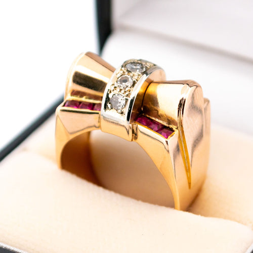 Bague 58 Bague tank rétro en or 14k avec diamants et rubis de synthèse 58 Facettes 8260FCE5C9254FA884D5937C3D2A0727