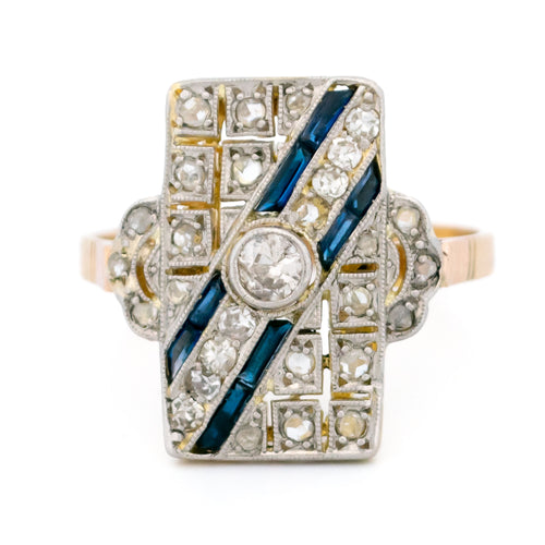 Bague 54 Bague Art déco rectangulaire en or jaune et blanc 14k, diamants et saphirs 58 Facettes 39757C88308E4D9A8A49537BA9C59308
