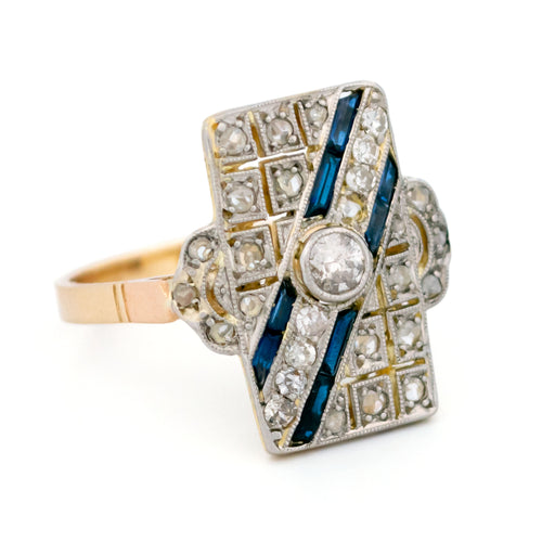 Bague 54 Bague Art déco rectangulaire en or jaune et blanc 14k, diamants et saphirs 58 Facettes 39757C88308E4D9A8A49537BA9C59308
