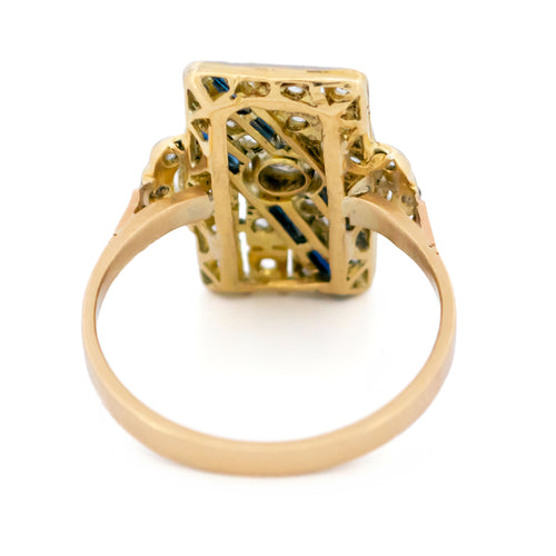 Bague 54 Bague Art déco rectangulaire en or jaune et blanc 14k, diamants et saphirs 58 Facettes 39757C88308E4D9A8A49537BA9C59308