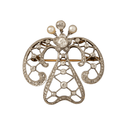 Broche Broche ancienne en platine, diamants naturels et deux perles fines 58 Facettes LOT 6873