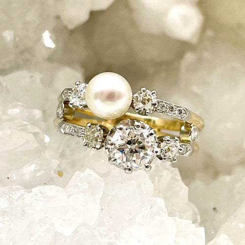Bague 54 Bague toi et moi en or jaune 750 et platine, perle de culture et diamants 58 Facettes Z1351442