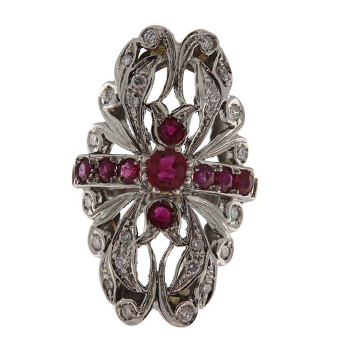 Bague 57 Anello vintage en or blanc, rubis et diamants 58 Facettes G3861
