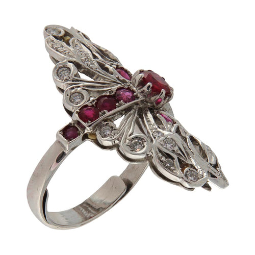 Bague 57 Anello vintage en or blanc, rubis et diamants 58 Facettes G3861