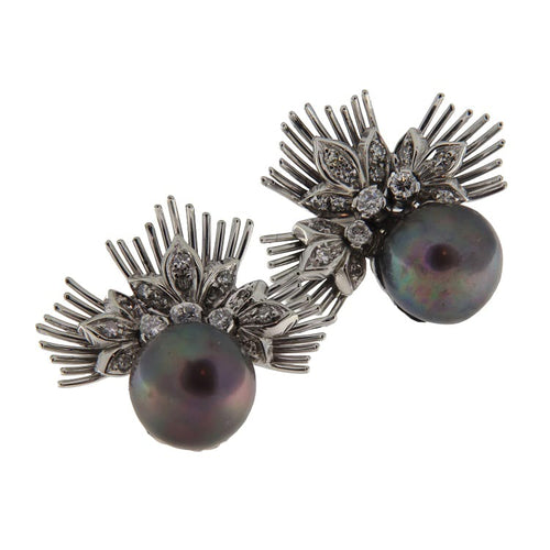 Boucles d'oreilles Orecchini - Orecchini en or blanc avec perles de Tahiti et diamants 58 Facettes G3862
