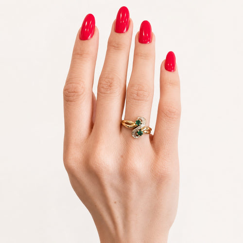 Bague 53 Toi et Moi - Bague en or jaune, émeraudes et diamants 58 Facettes 29047