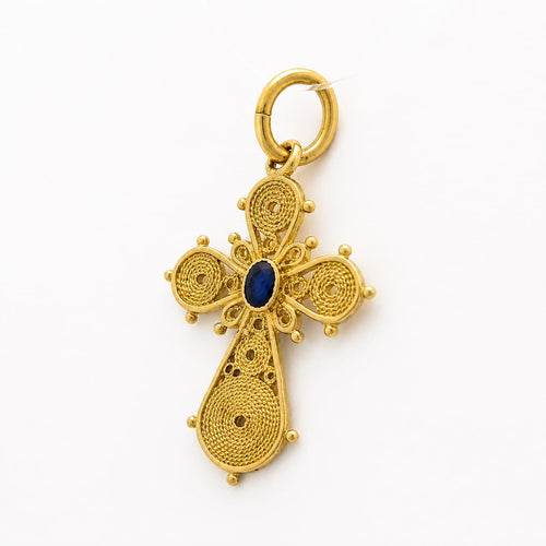 Pendentif Pendentif croix en or jaune 18 carats et pierre bleue 58 Facettes 30077