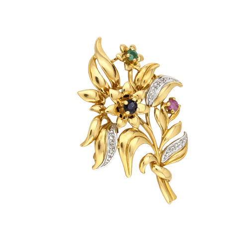 Broche Broche florale en or jaune avec diamants, saphir, émeraude et rubis 58 Facettes 31190