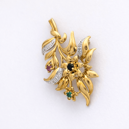 Broche Broche florale en or jaune avec diamants, saphir, émeraude et rubis 58 Facettes 31190