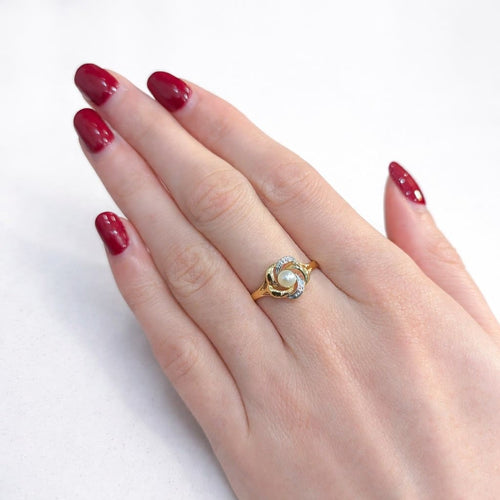 Bague 56 Bague fleur en or jaune et blanc 18 carats avec perle 58 Facettes 32233