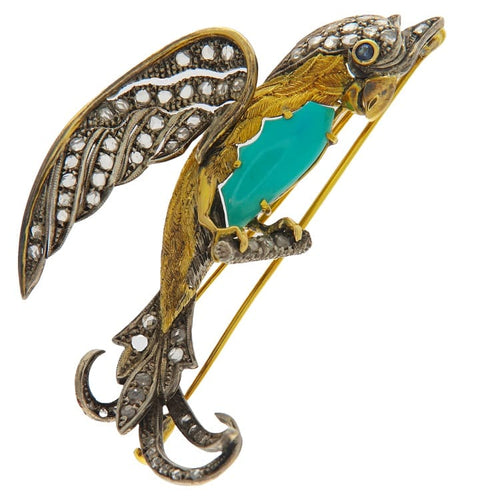 Broche Guidetti - Spilla pappagallo style ancien en or jaune, argent et diamants 58 Facettes G3600