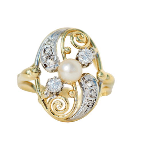 Bague 58 Jugendstil - Bague en or jaune et blanc 585, perle et diamants 58 Facettes HJ250160