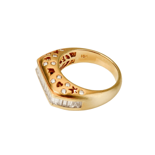 Ring van 750 geelgoud met baguette- en briljantgeslepen diamanten 