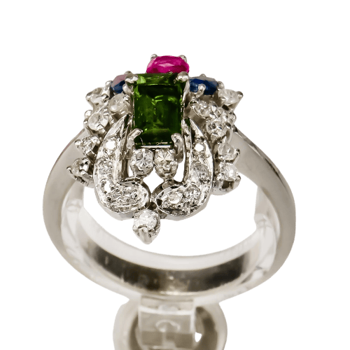 Bague 53 Bague ancienne en or blanc avec diamants, saphirs, tourmaline et péridot 58 Facettes 2516