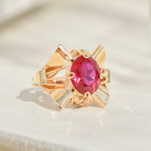 Bague 54.5 Cocktailring vintage - Bague en or jaune 14 carats avec rubis synthétique 58 Facettes 2353